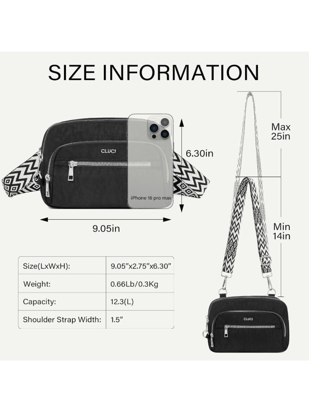 CLUCI Women's Black Small Crossbody Bags Foldie RFID Blocking Nylon Belt Bag - Picture 5 of 6